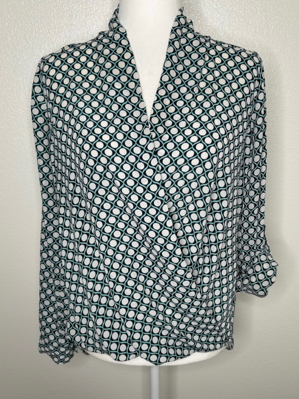 Pleione Womens Teal Polka Dot Long Sleeve V-Neck Faux Wrap Top Blouse Size S EUC